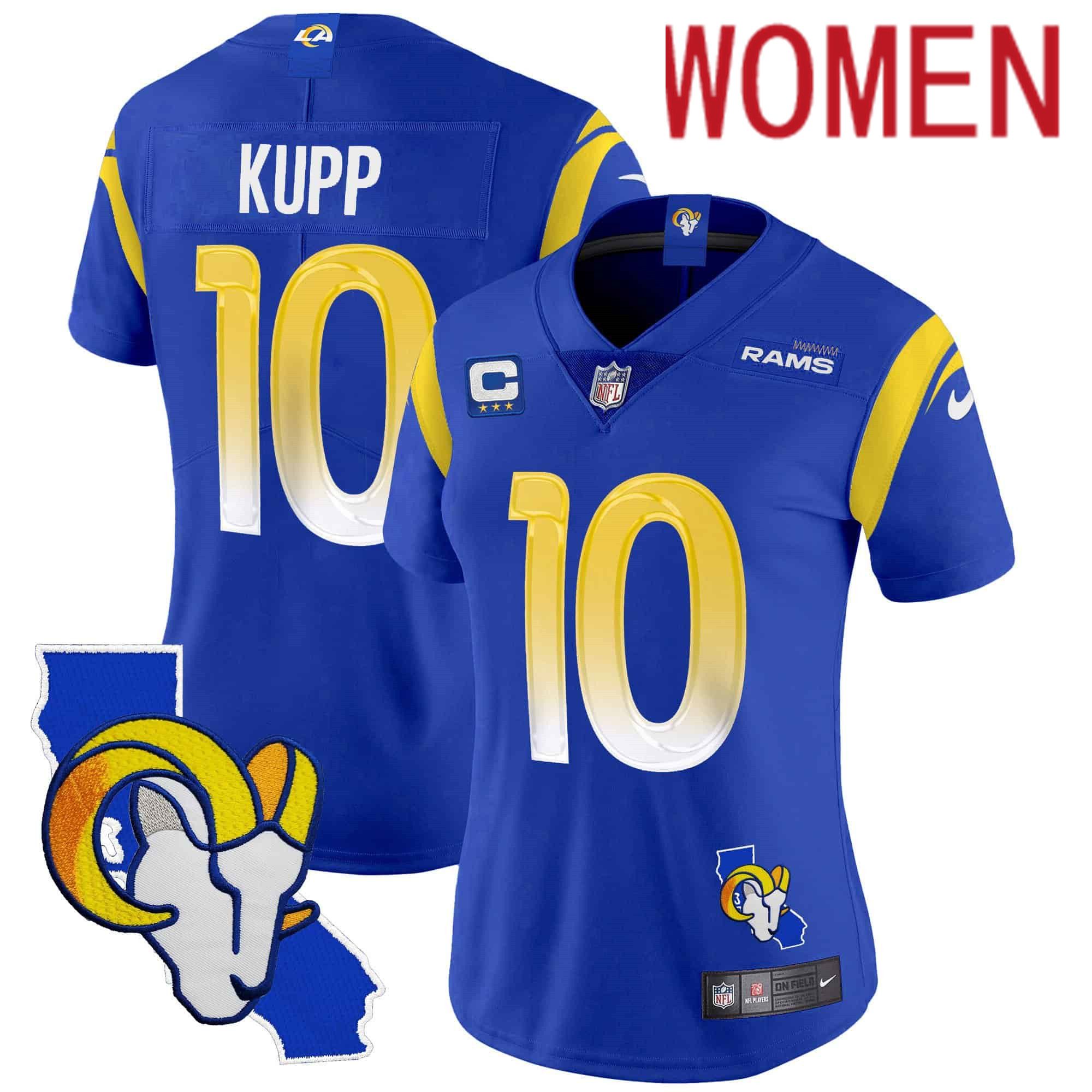 Women Custom Los Angeles Rams 10 Kupp Blue 2024 Nike California Patch Vapor Limited NFL Jersey style 1